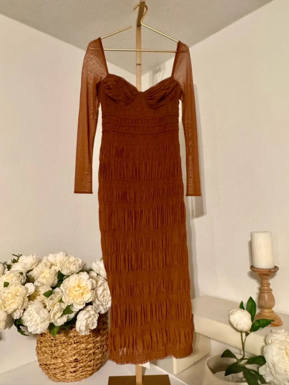 Self-Portrait Rust Brown Ruched Mesh Midi Dress - Picture 2 of 6